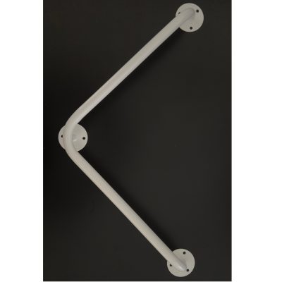 Barre d'appui coudée 90° symétrique blanche installée sur un mur de salle de bain
